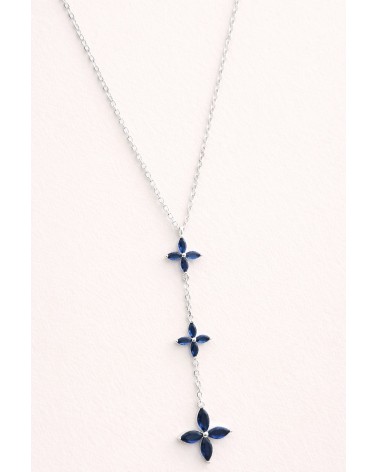 Collier en argent 925/1000ème rhodié en forme Y avec trio de fleurs bleu saphir