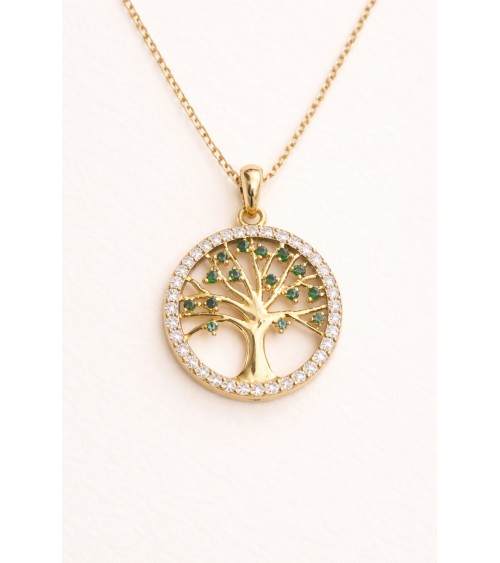 Collier "arbre de vie" en plaqué or entouré d'oxydes de zirconium blancs avec sur ses branches des oxydes de zirconium verts