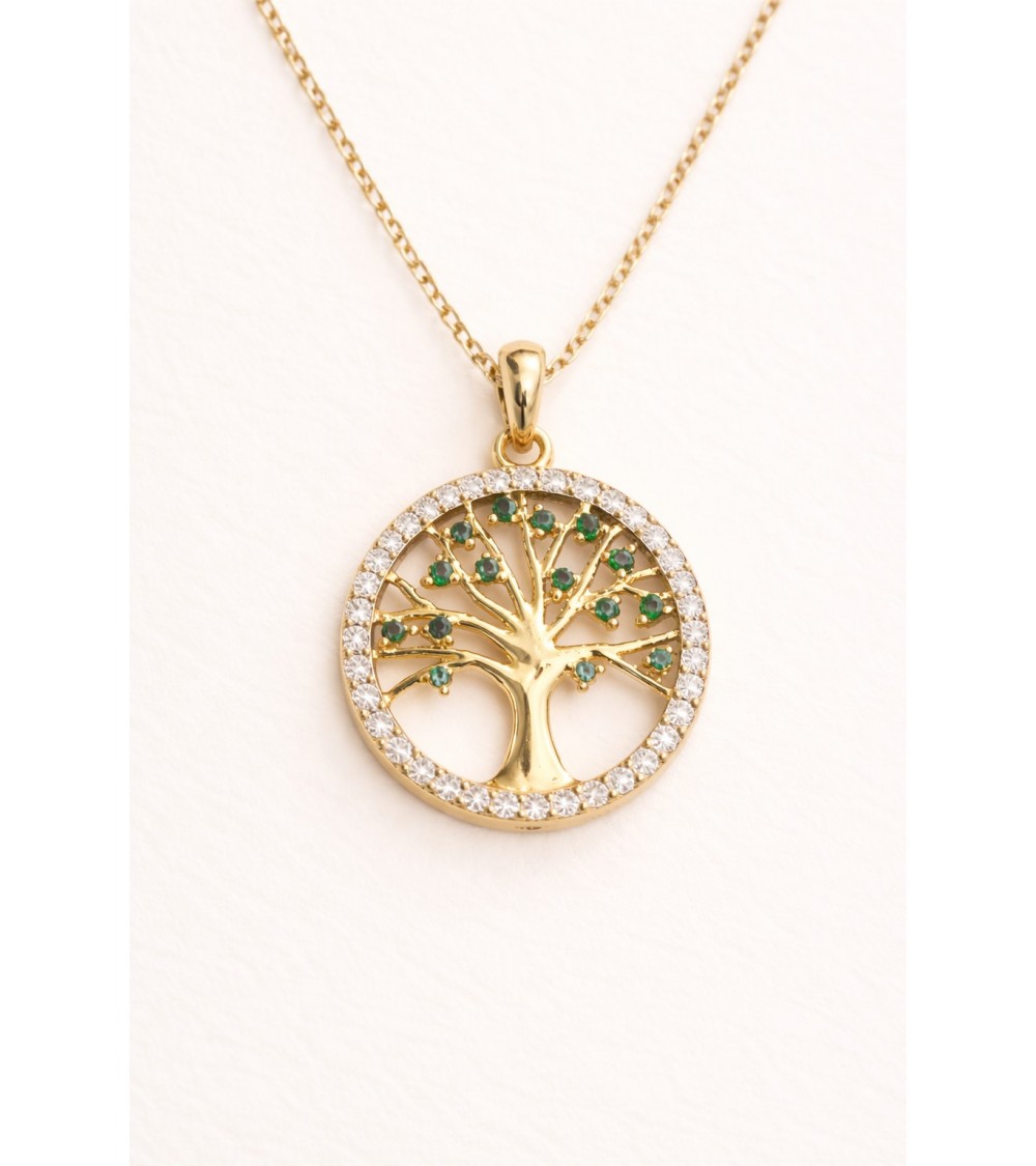 Collier "arbre de vie" en plaqué or entouré d'oxydes de zirconium blancs avec sur ses branches des oxydes de zirconium verts