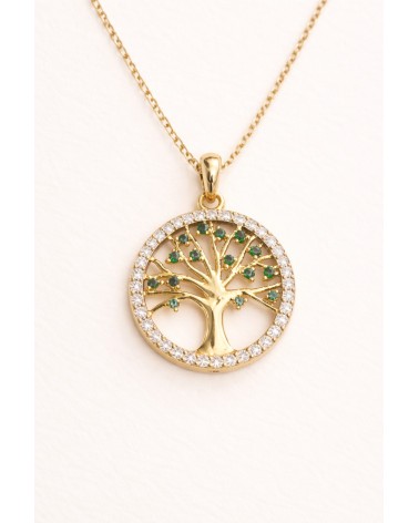 Collier "arbre de vie" en plaqué or entouré d'oxydes de zirconium blancs avec sur ses branches des oxydes de zirconium verts