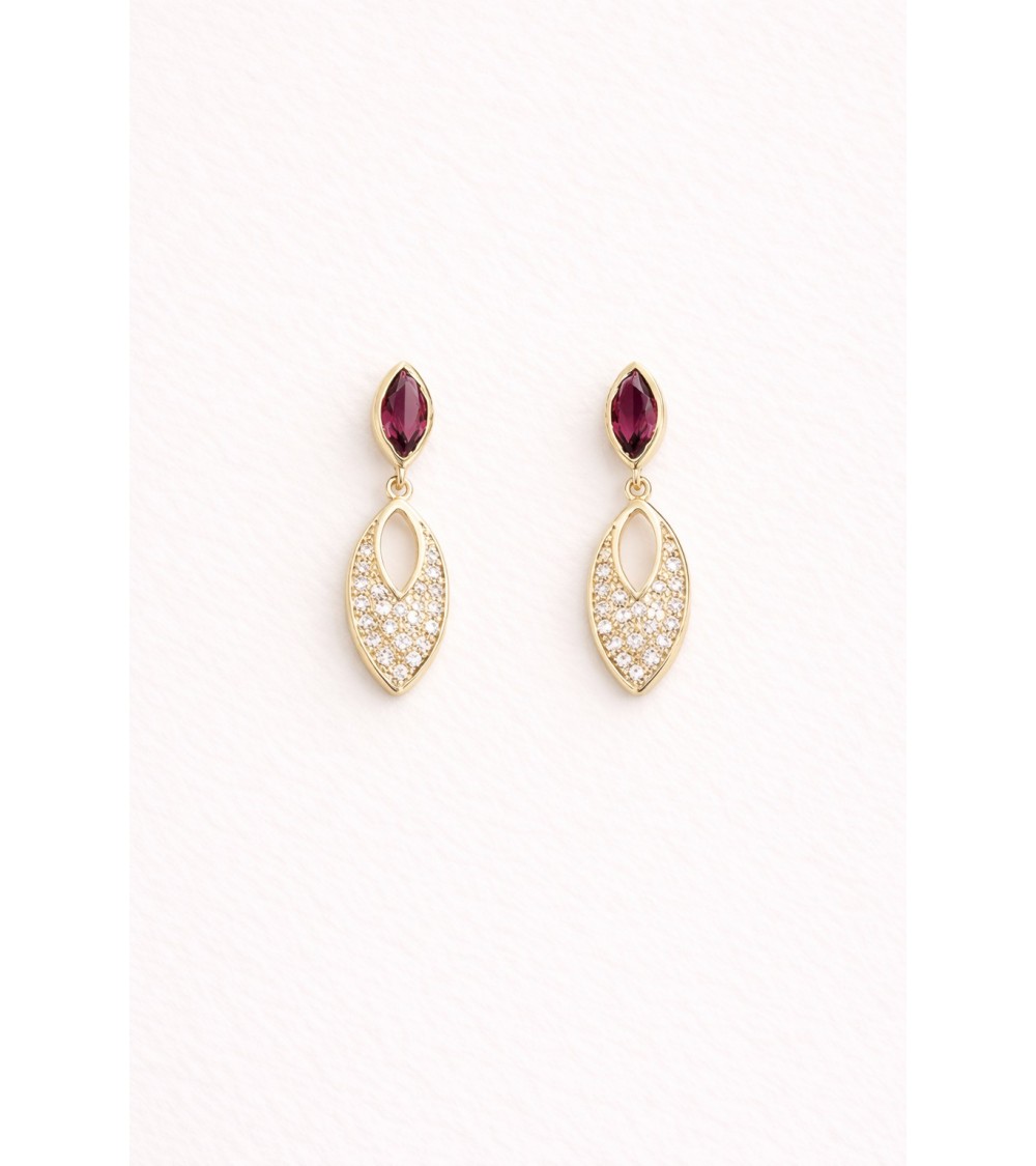 Boucles d'oreilles forme amande en plaqué or et oxydes de zirconium et verre couleur rubis