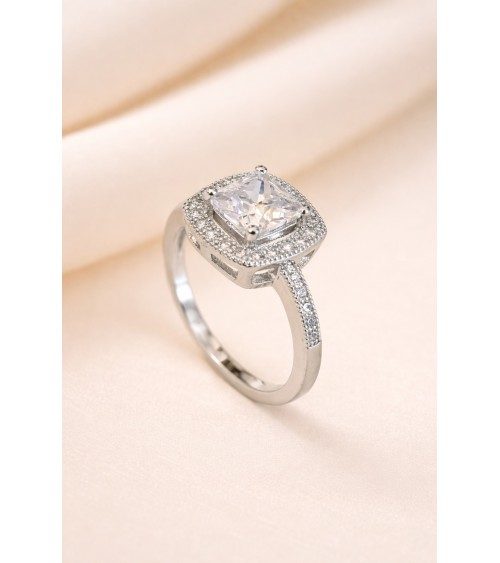 Bague carrée en argent 925/1000 et oxydes de zirconium blancs