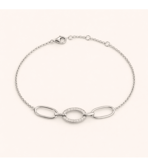 Bracelet en argent 925/1000 rhodié avec 3 maillons ovales dont un serti d'oxydes de zirconium