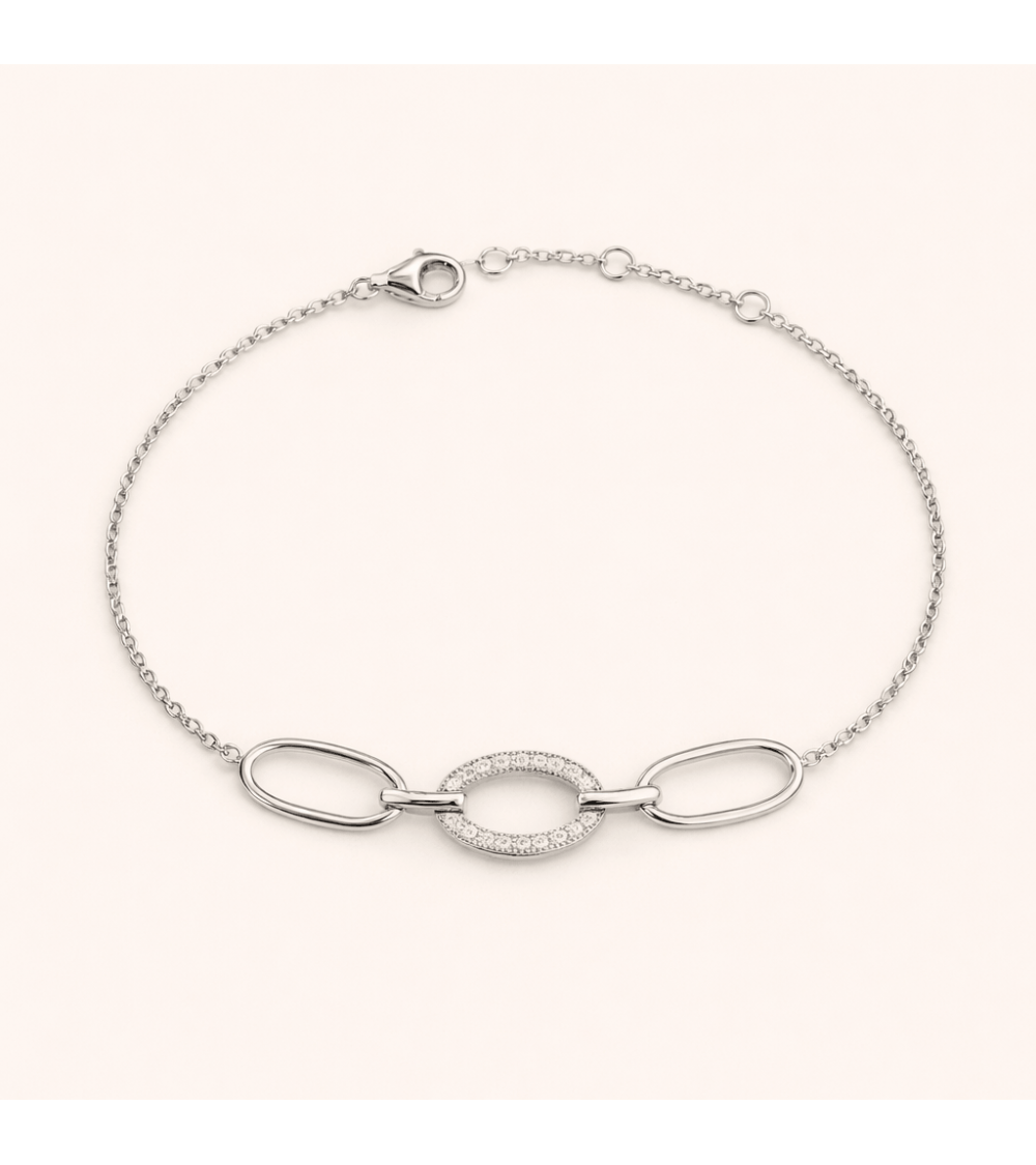 Bracelet en argent 925/1000 rhodié avec 3 maillons ovales dont un serti d'oxydes de zirconium