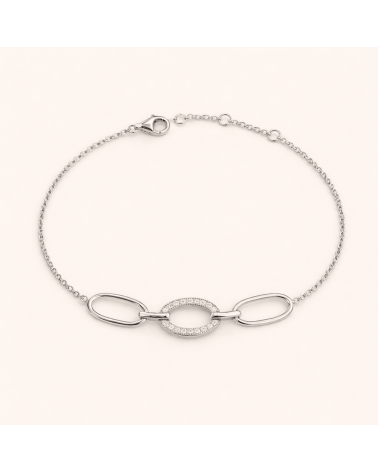 Bracelet en argent 925/1000 rhodié avec 3 maillons ovales dont un serti d'oxydes de zirconium