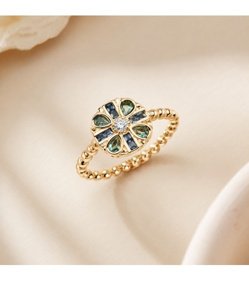 Bague Rosace en Plaqué Or avec pierre couleur Paraïbe & Tanzanite