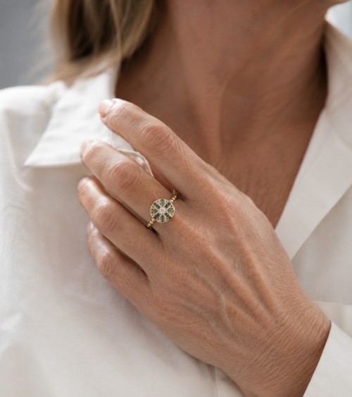 Bague Rosace en Plaqué Or avec pierre couleur Paraïbe & Tanzanite