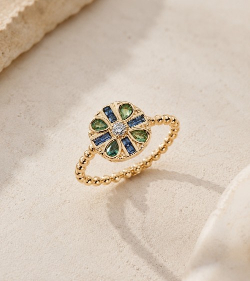 Bague Rosace en Plaqué Or avec pierre couleur Paraïbe & Tanzanite