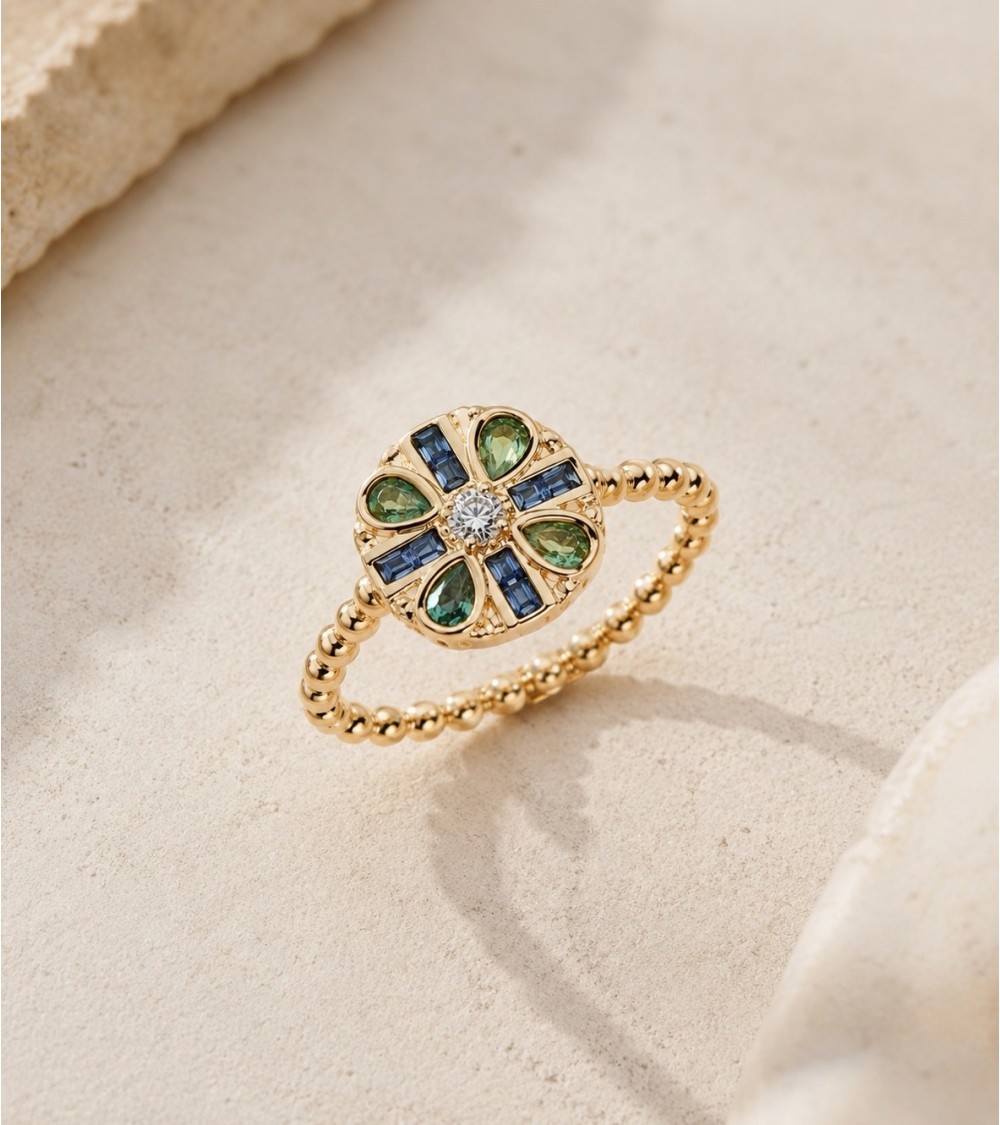 Bague Rosace en Plaqué Or avec pierre couleur Paraïbe & Tanzanite