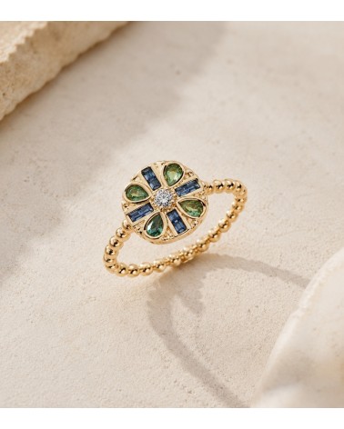 Bague Rosace en Plaqué Or avec pierre couleur Paraïbe & Tanzanite