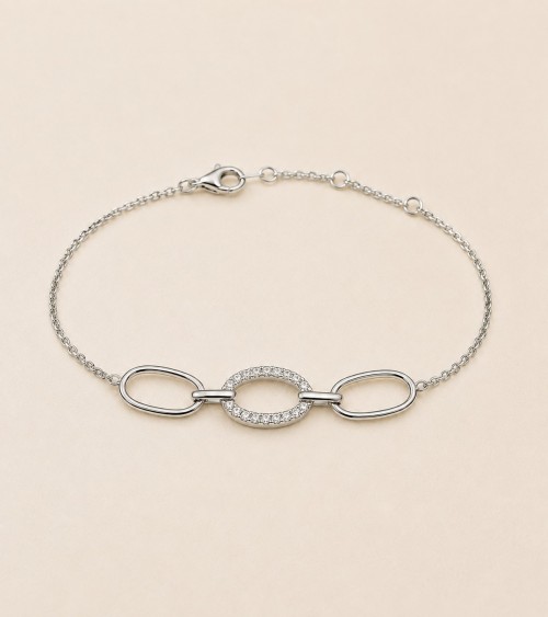 Bracelet argent 925 rhodié – Trois maillons ovales & oxydes de zirconium