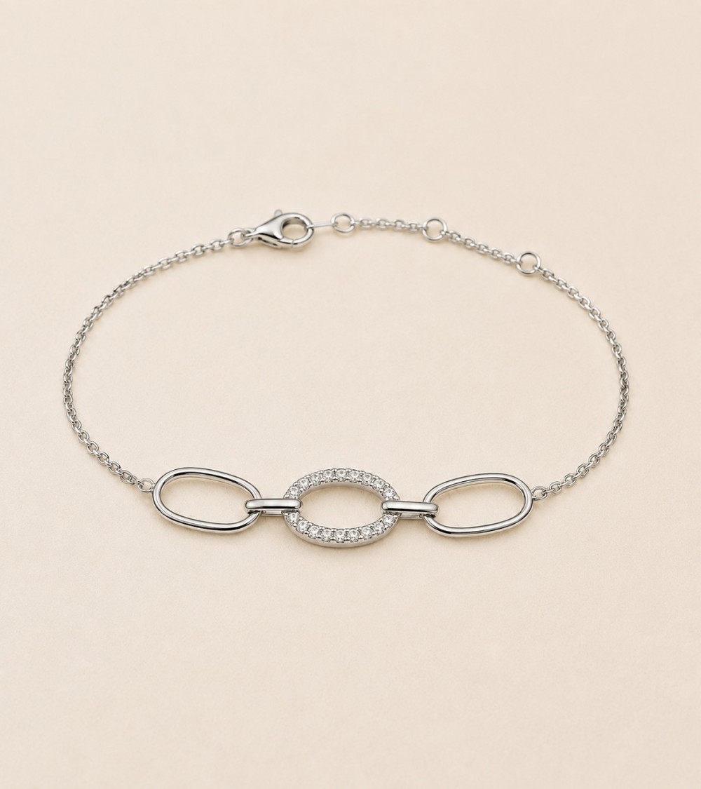 Bracelet argent 925 rhodié – Trois maillons ovales & oxydes de zirconium