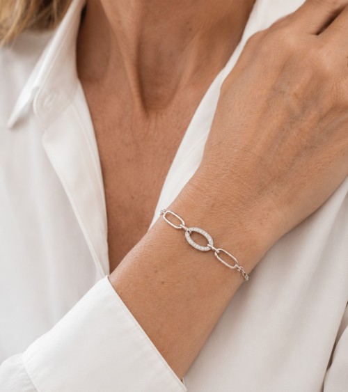 Bracelet argent 925 rhodié – Trois maillons ovales & oxydes de zirconium