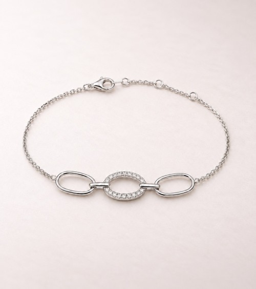 Bracelet argent 925 rhodié – Trois maillons ovales & oxydes de zirconium
