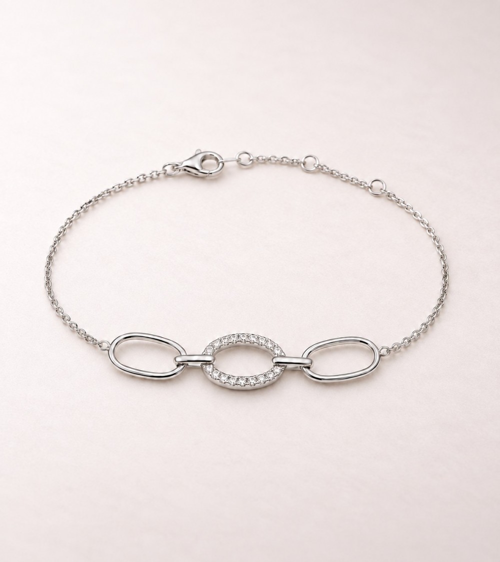 Bracelet argent 925 rhodié – Trois maillons ovales & oxydes de zirconium
