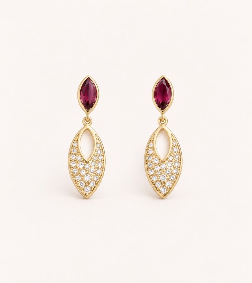Boucles d’oreilles amande en plaqué or, verre couleur rubis et oxydes de zirconium