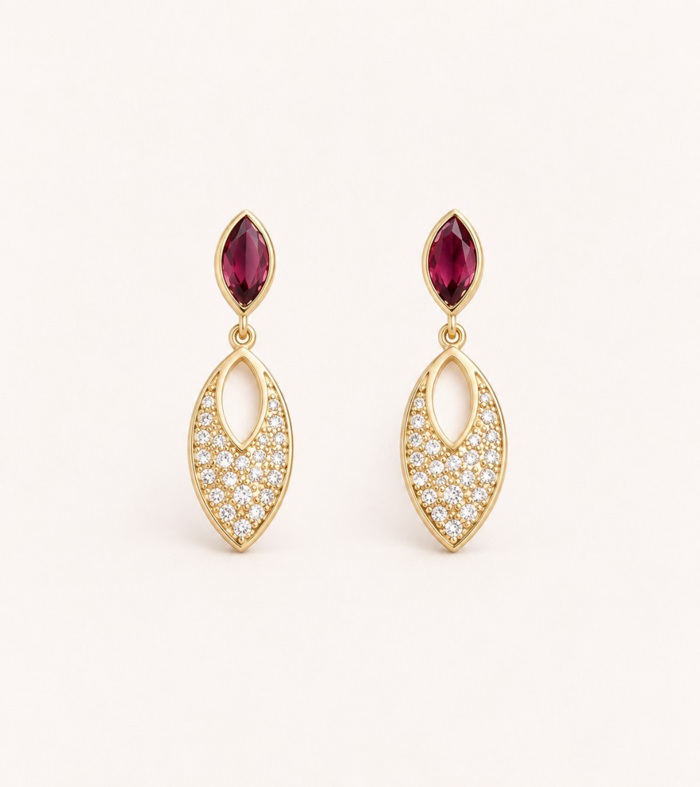 Boucles d’oreilles amande en plaqué or, verre couleur rubis et oxydes de zirconium