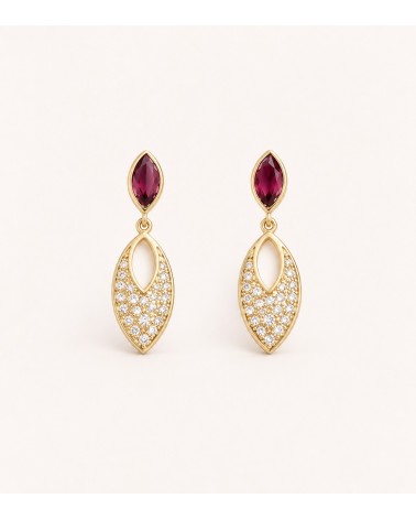 Boucles d’oreilles amande en plaqué or, verre couleur rubis et oxydes de zirconium