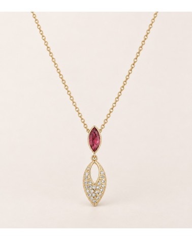 Collier amande en plaqué or, verre couleur rubis et oxydes de zirconium