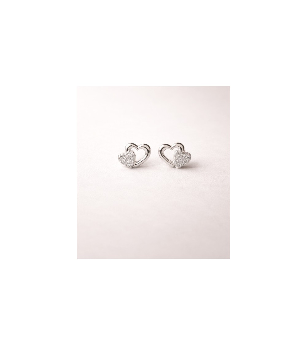 Boucles d’oreilles double cœur en argent 925 rhodié et oxydes de zirconium