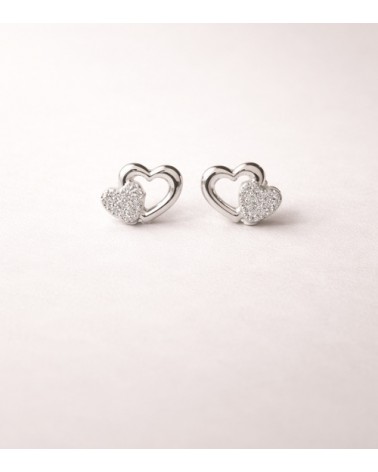 Boucles d’oreilles double cœur en argent 925 rhodié et oxydes de zirconium