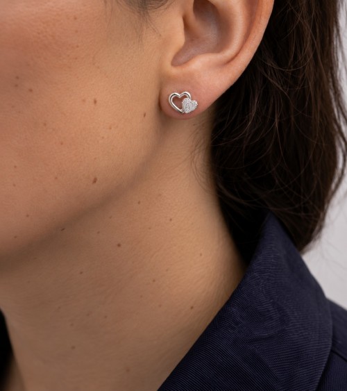 Boucles d’oreilles double cœur en argent 925 rhodié et oxydes de zirconium