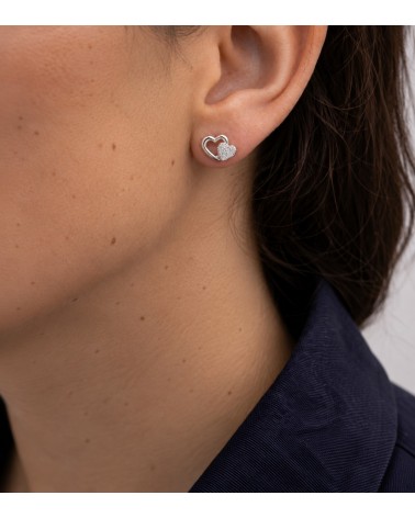 Boucles d’oreilles double cœur en argent 925 rhodié et oxydes de zirconium