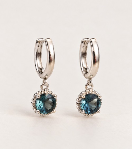 Petites créoles en argent 925 rhodié et pierre couleur bleu London