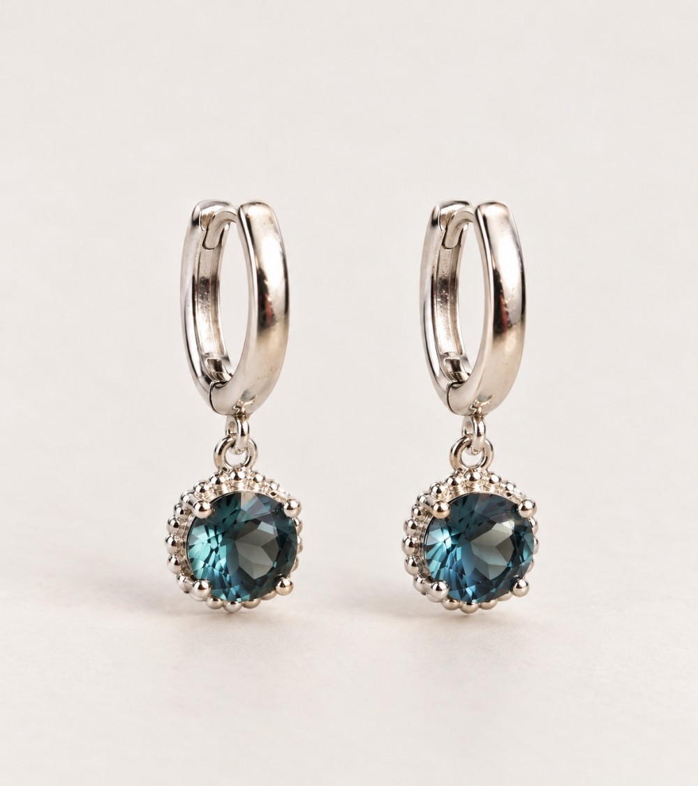 Petites créoles en argent 925 rhodié et pierre couleur bleu London
