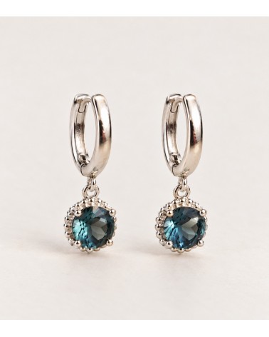 Petites créoles en argent 925 rhodié et pierre couleur bleu London
