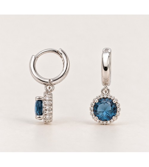 Petites créoles en argent 925 rhodié et pierre couleur bleu London