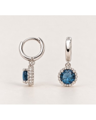 Petites créoles en argent 925 rhodié et pierre couleur bleu London