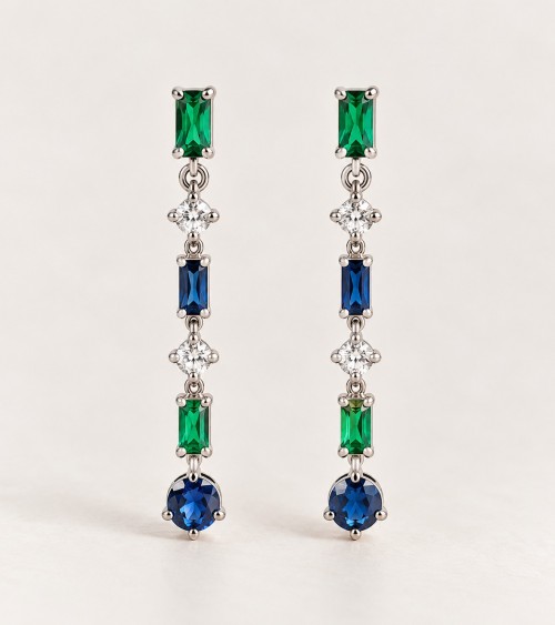 Boucles d’oreilles pendantes en argent 925 et oxydes verts, blancs et bleus