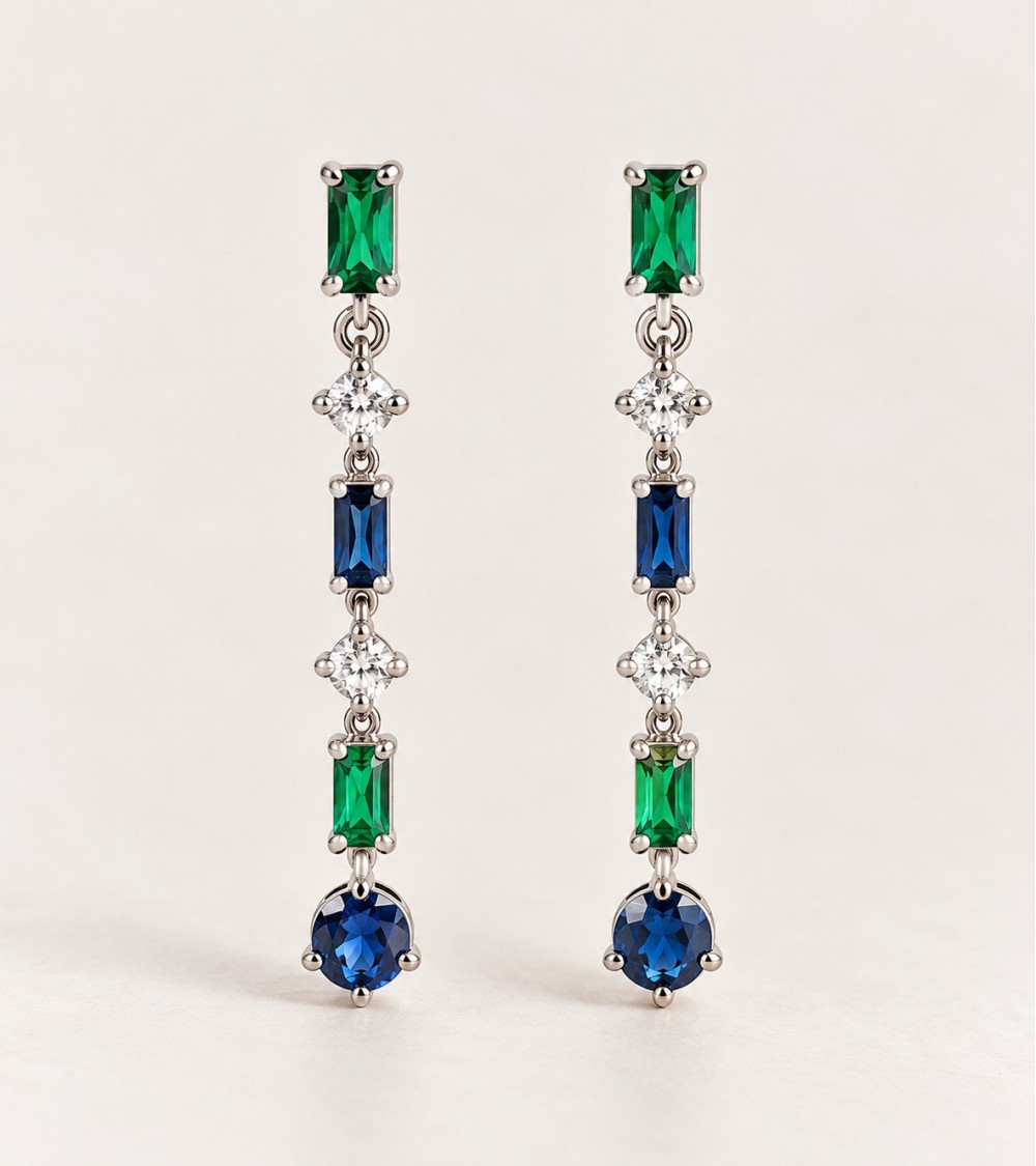 Boucles d’oreilles pendantes en argent 925 et oxydes verts, blancs et bleus