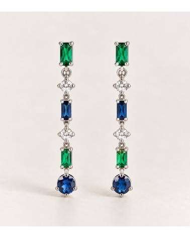 Boucles d’oreilles pendantes en argent 925 et oxydes verts, blancs et bleus