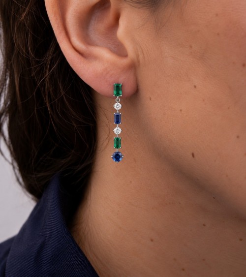 Boucles d’oreilles pendantes en argent 925 et oxydes verts, blancs et bleus