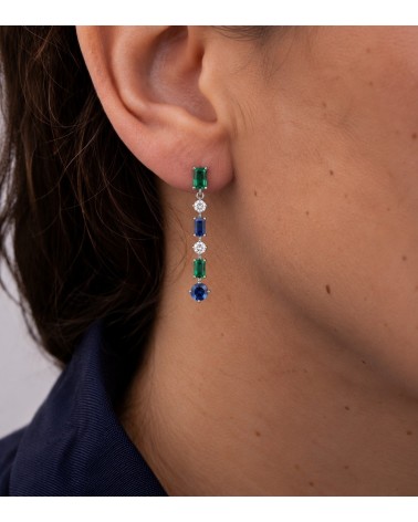 Boucles d’oreilles pendantes en argent 925 et oxydes verts, blancs et bleus