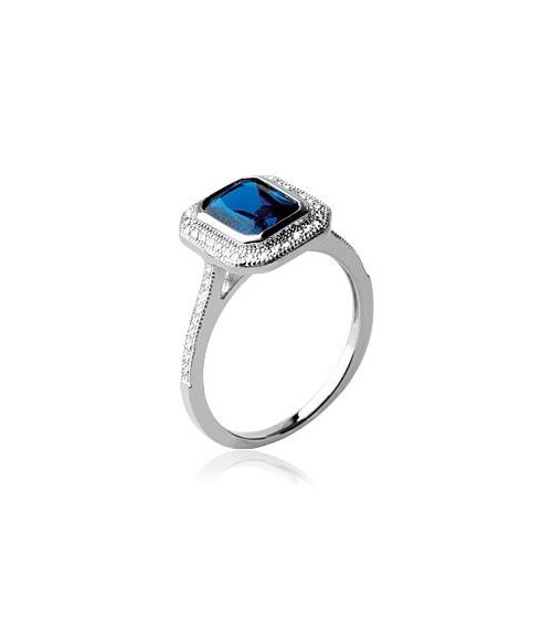 Bague carrée en argent 925/1000 rhodié avec oxydes de zirconium blancs et bleu