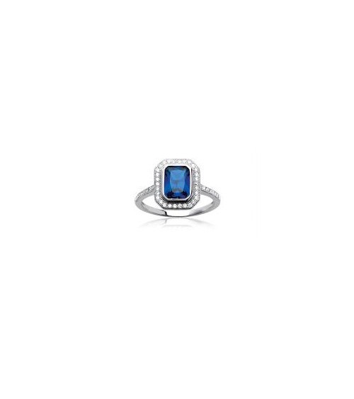 Bague carrée en argent 925/1000 rhodié avec oxydes de zirconium blancs et bleu