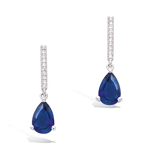 Boucles d'oreilles en argent 925/1000 rhodié avec barre sertie d'oxydes de zirconium et goutte en verre couleur saphir