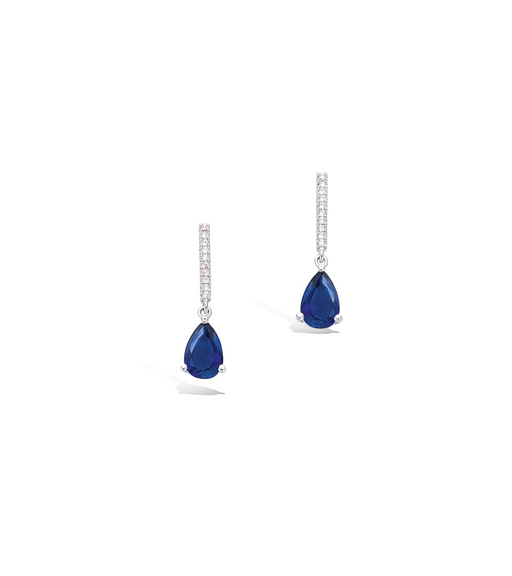Boucles d'oreilles en argent 925/1000 rhodié avec barre sertie d'oxydes de zirconium et goutte en verre couleur saphir