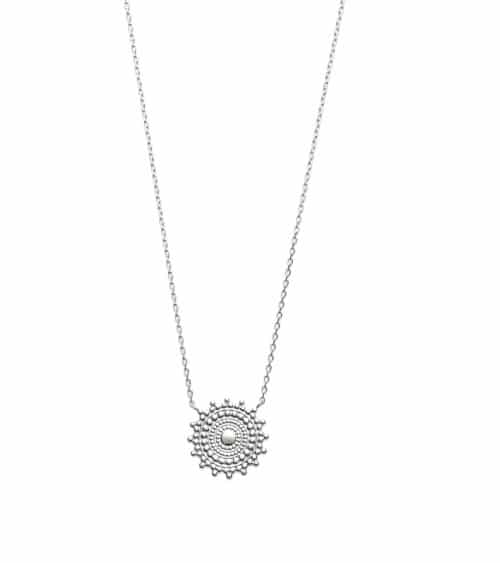 Collier en argent 925/1000 rhodié avec un rond dentelé avec pastille lisse en son centre