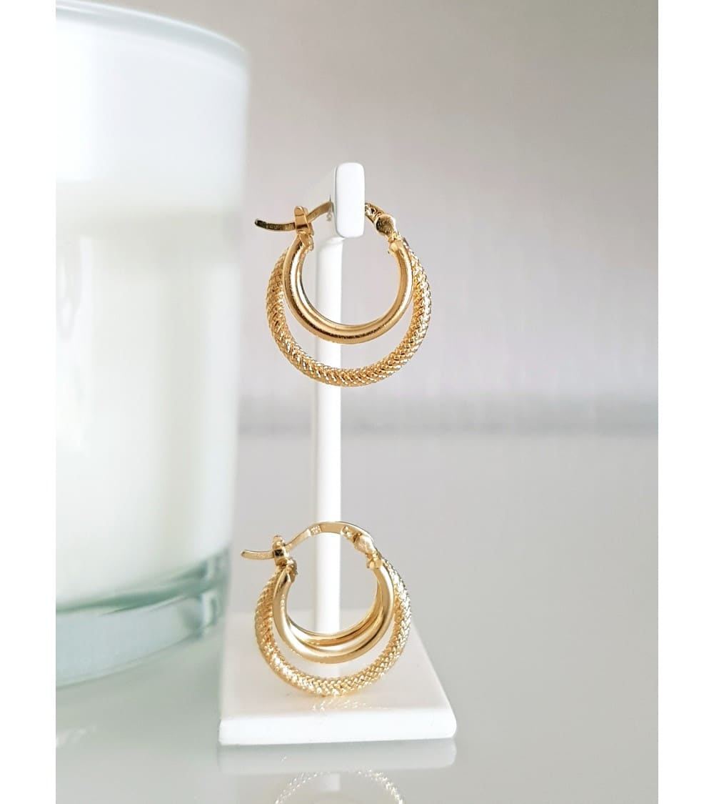Boucles D'oreilles Percées Anneaux Striés Or - Bijou Vintage, Très Bon état, Sans Marque