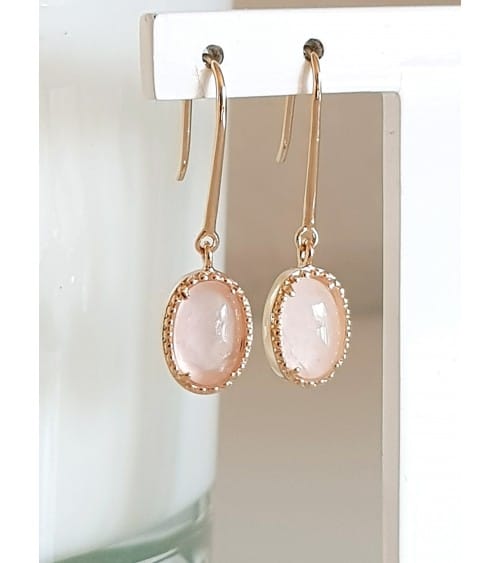 Boucles d'oreilles ovales en plaqué or et quartz rose, avec crochets