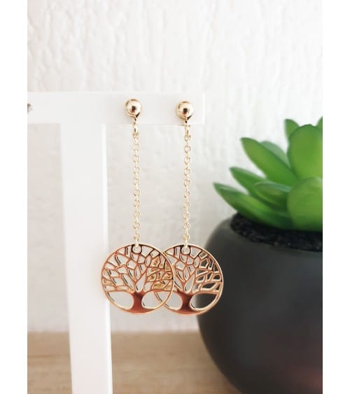 Boucles d'oreilles pendantes "arbre de vie" en plaqué or, avec poussettes