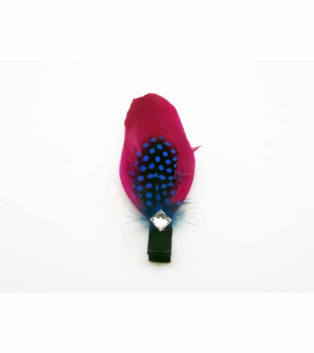 Pince à cheveux "plume" fuchsia et noir à pois bleu, avec un carré en strass