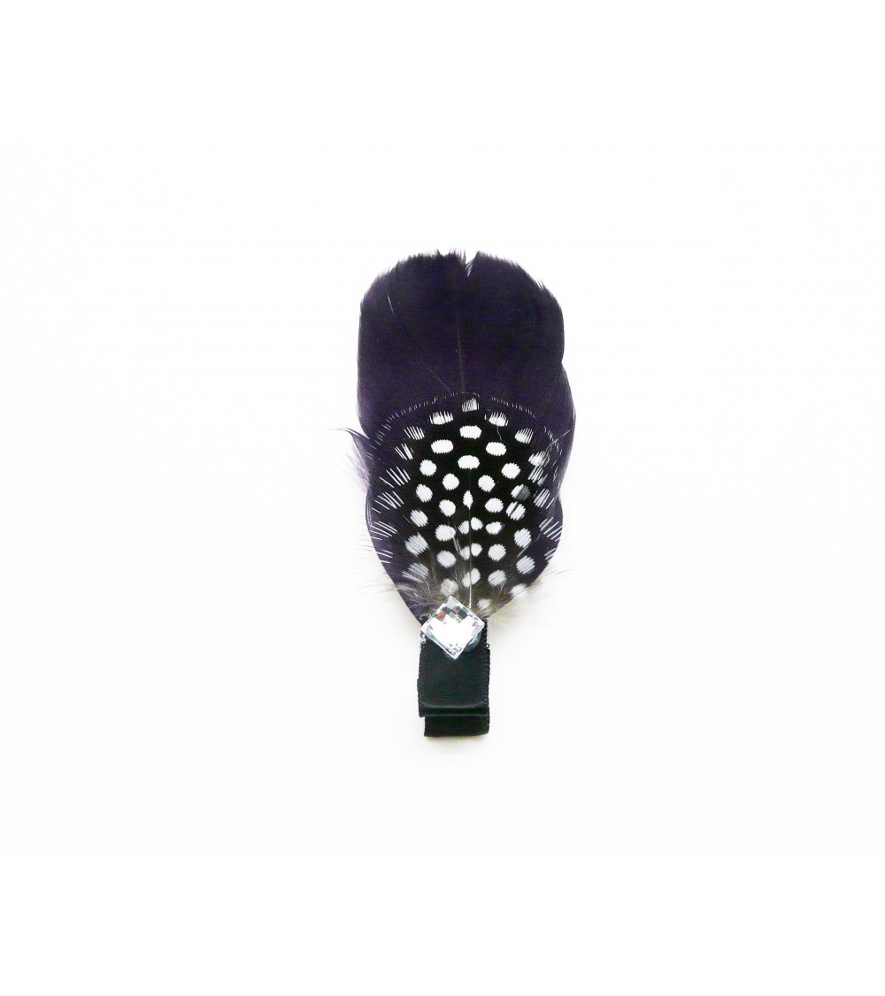 Pince à cheveux "plume" couleur violet et noir à pois blancs, avec un carré en strass