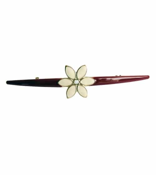 Barrette à cheveux en émail bordeaux agrémentée d'une fleur en émail ivoire et strass (longueur 12 cm)