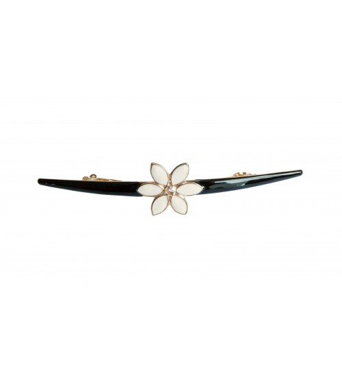 Barrette à cheveux en métal doré avec émail noir, agrémentée d'une fleur en émail ivoire et strass
