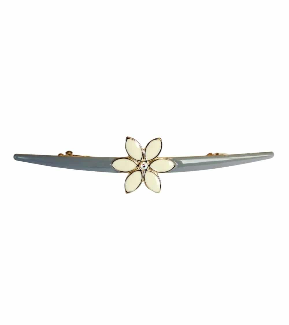 Barrette à cheveux en métal doré avec émail gris, agrémenté d'une fleur en émail ivoire et strass (longueur 12 cm)
